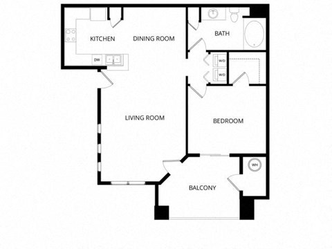 Floor plan for 1 bed, 1 bath, 708 sqft